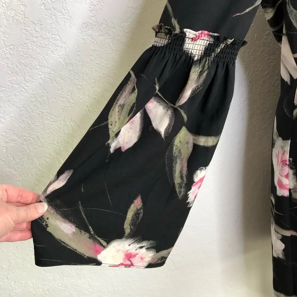 WHBM black pink floral v neck bell sleeve dress size 10